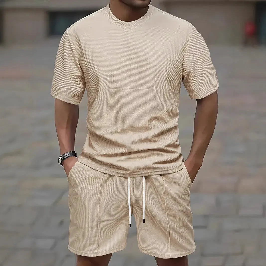 Men's waffle texture short sleeve blouse and shorts set in polyester fabric for summer wear