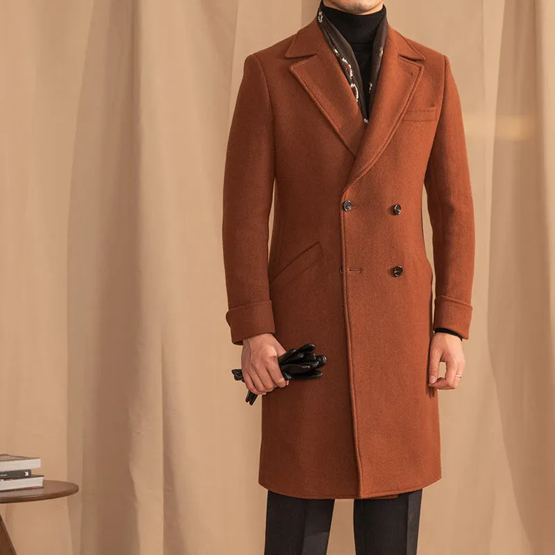 Caramel double-breasted mid-length wool overcoat with suit collar, 60% wool blend, sizes M to 3XL