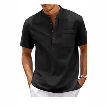 Men's solid colour stand collar short sleeve polo shirt in lightweight polyester fabric.