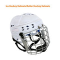 Ice hockey helmet with carbon steel face mask showing impact-resistant construction and cushioned lining