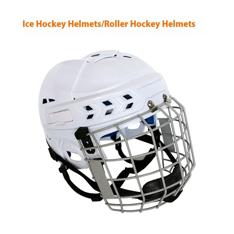 Ice hockey helmet with carbon steel face mask showing impact-resistant construction and cushioned lining