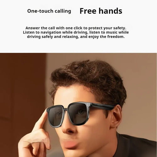 Black PC frame smart glasses with Bluetooth audio call functionality and anti-blue light lenses