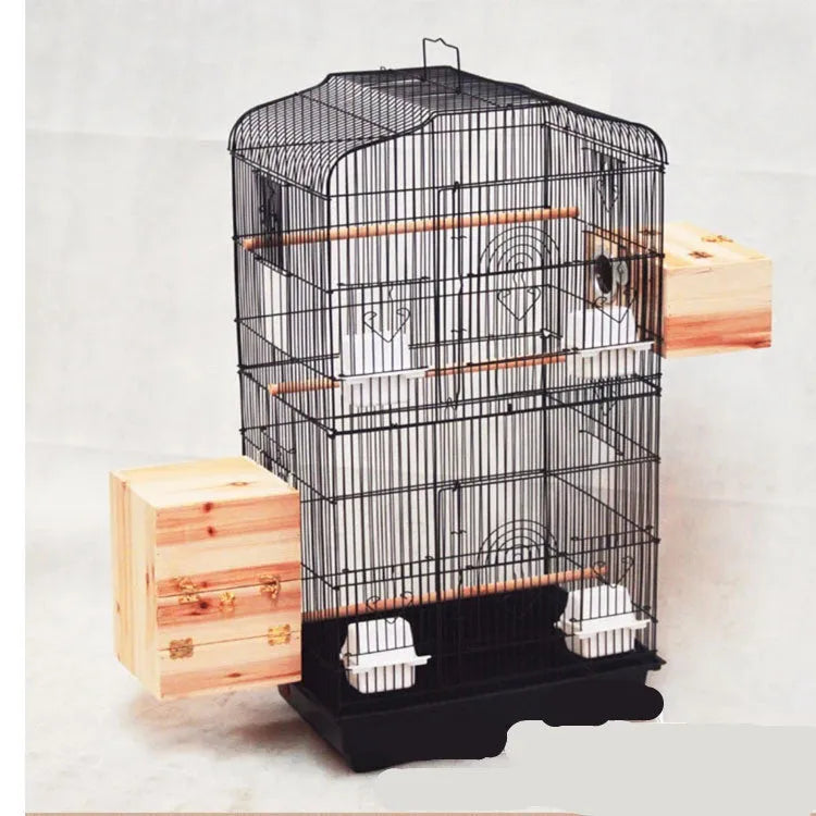 Portable wire bird parrot cage 45.5x35x93.5cm black with three wooden poles and plastic food cups removable bottom mesh