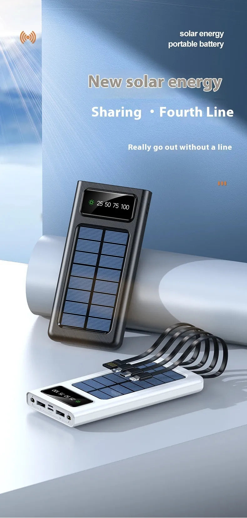Black and white solar power bank with built-in cable showing 20000mAh capacity and dimensions.