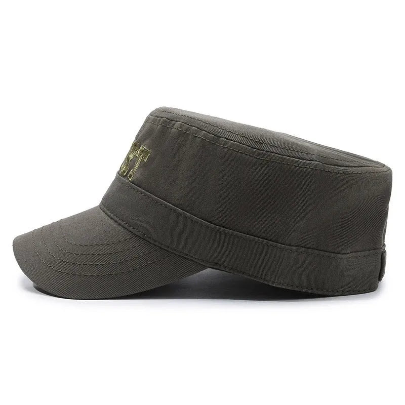Men's adjustable flat-top peaked cotton cap in army green with English letter detailing on the front