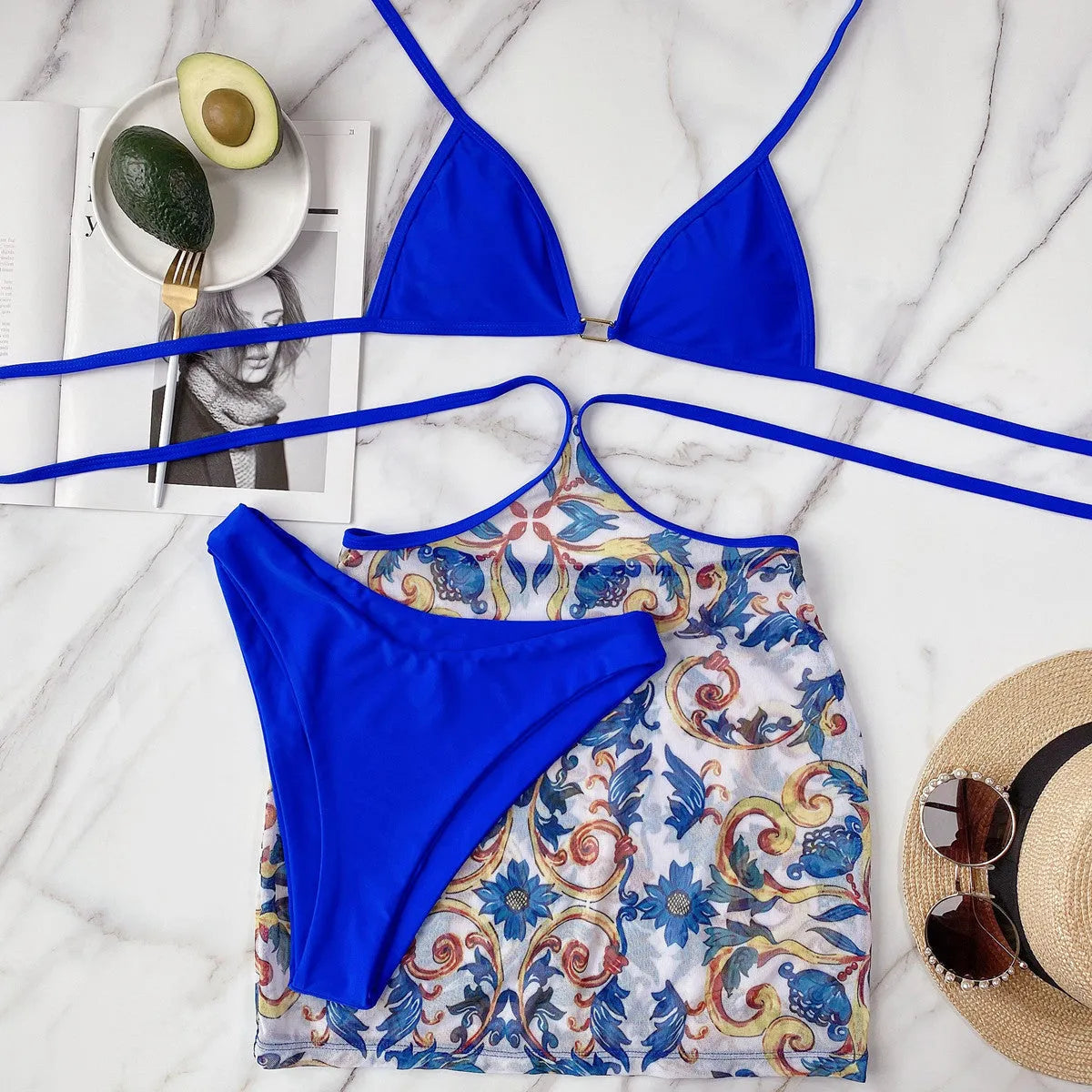 Blue three-piece triangle bikini set with chest pad, spandex polyester, sizes S M L