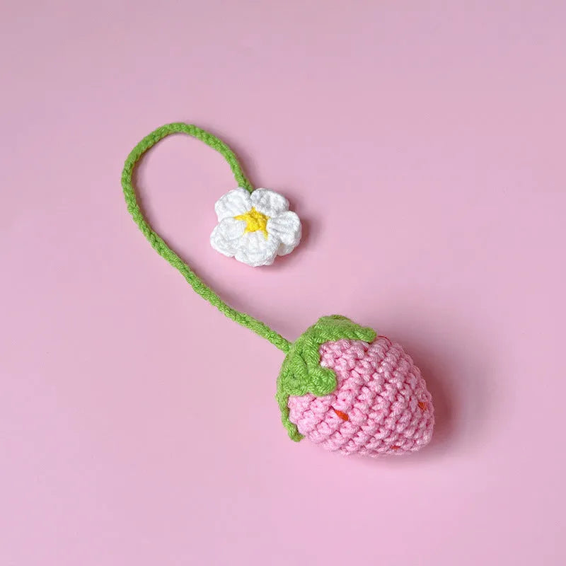 Handmade wool crochet strawberry pendant charm on 35cm cord in red or pink colour