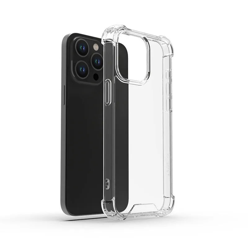 Transparent anti-fingerprint phone case for iPhone 15 with airbag corners on a white background