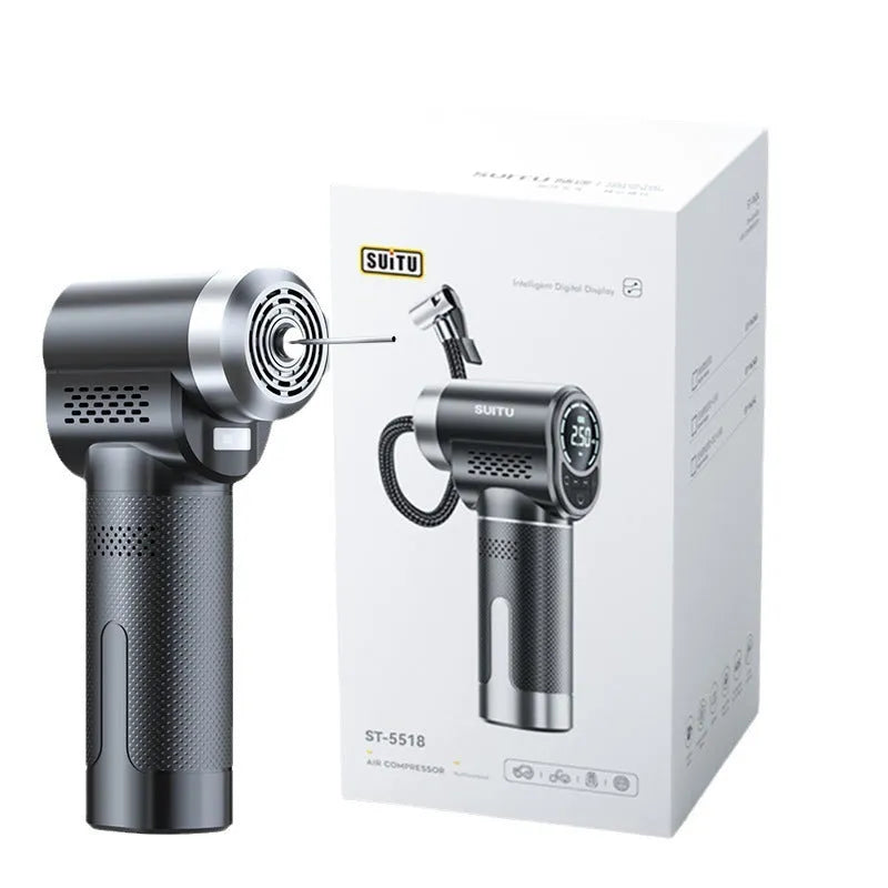 ST-5518 wireless air pump with inflatable pipe, charging cable, and nozzle accessories