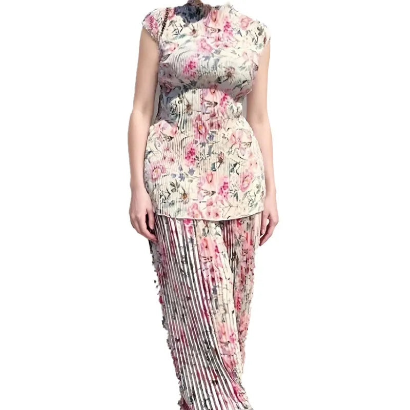 Printed chiffon dress with high waist and long sleeves in picture colour