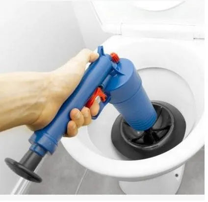 Plastic high-pressure drain blaster gun with four different sized adaptors for unclogging sinks and toilets