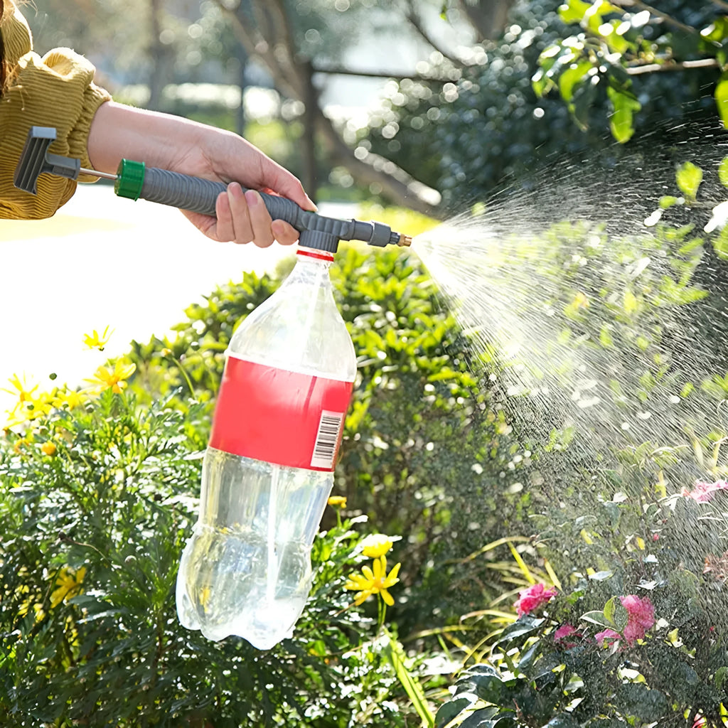 Bottle watering sprayer nozzle with tube for converting beverage bottles to garden watering cans