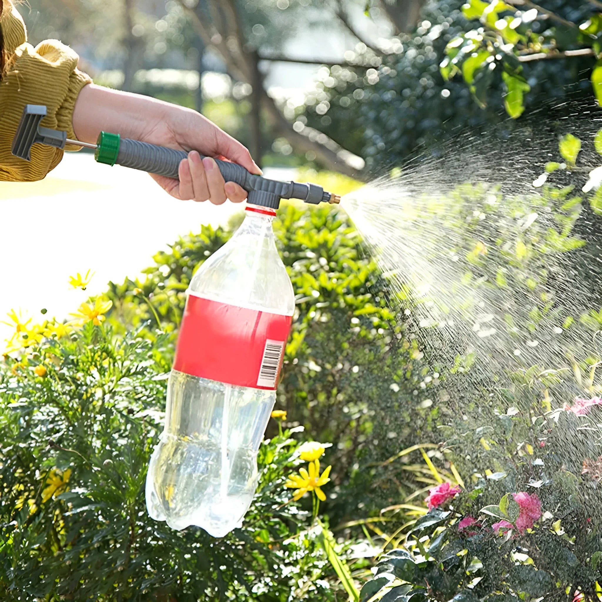 Bottle watering sprayer nozzle with tube for converting beverage bottles to garden watering cans