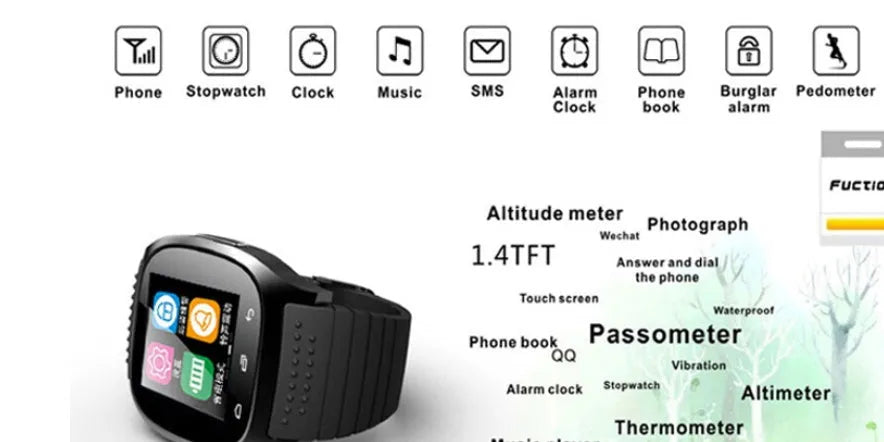 A smart Bluetooth sports watch in black, white, or blue, shown on a wrist.