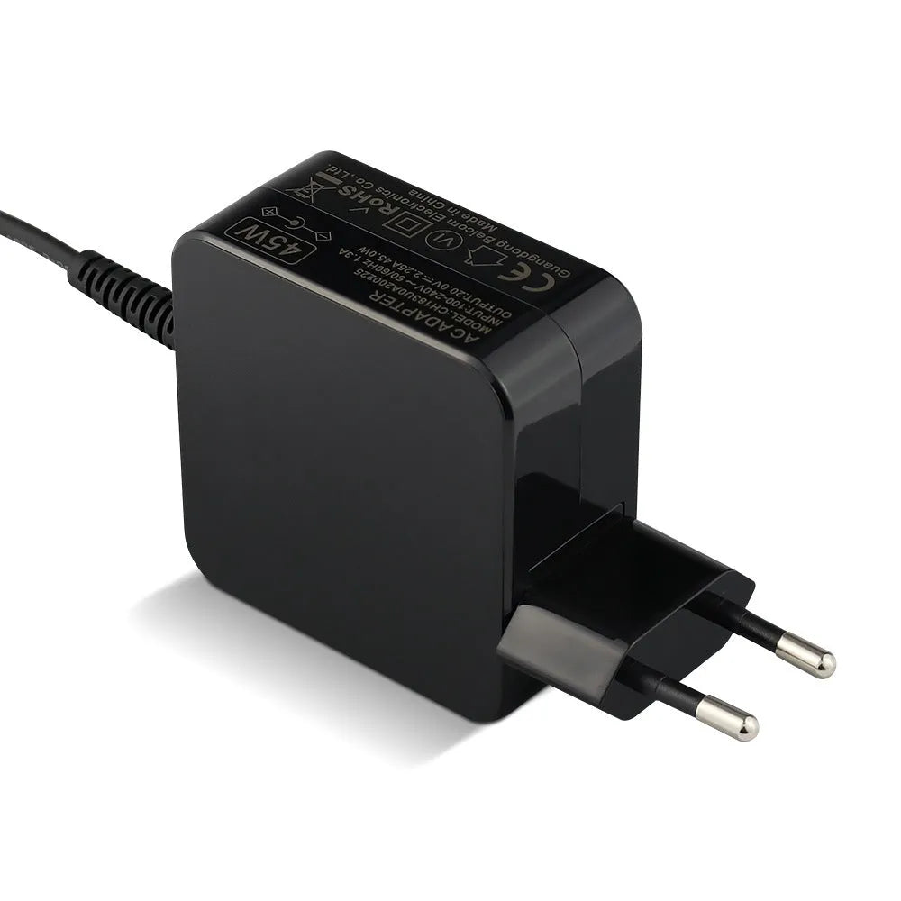 Black 45W laptop power adapter with US plug and attached charging cable