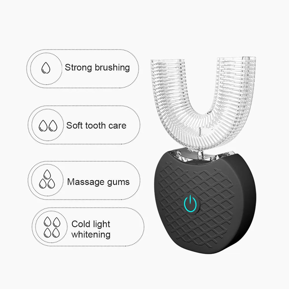 U-shaped lazy ultrasonic electric toothbrush with high-ductility head in black, showing curvature for incisors, canines, molars, and cheek teeth