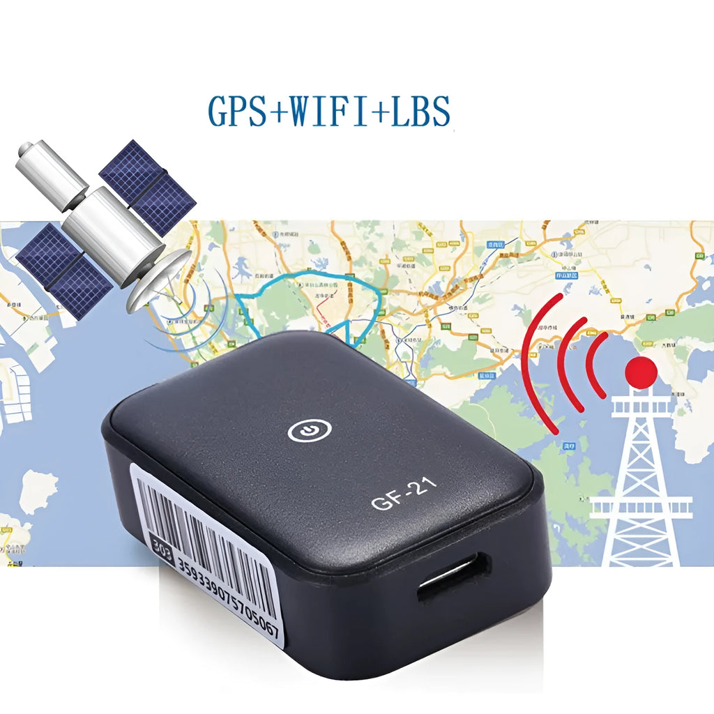 Black GF21GPS child tracker GPS locator on table showing compact plastic design