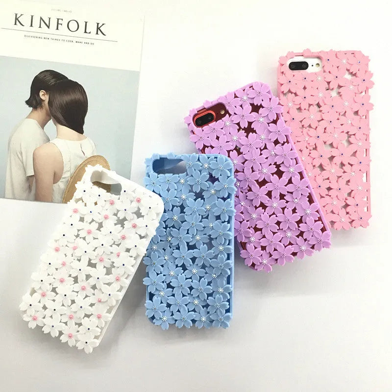 Blue silicone phone case with three-dimensional hollow flower openwork design for iPhone models