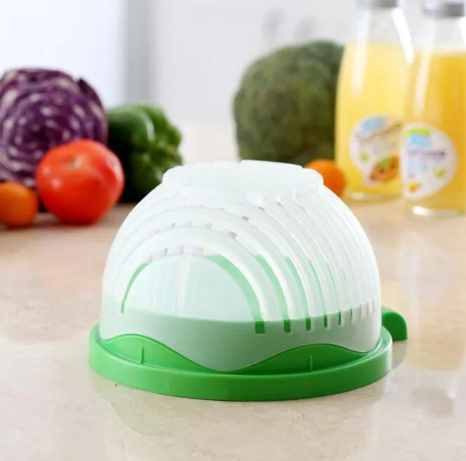 Creative salad cutter bowl with 13-seam lid, drain basket and serving plate base in blue