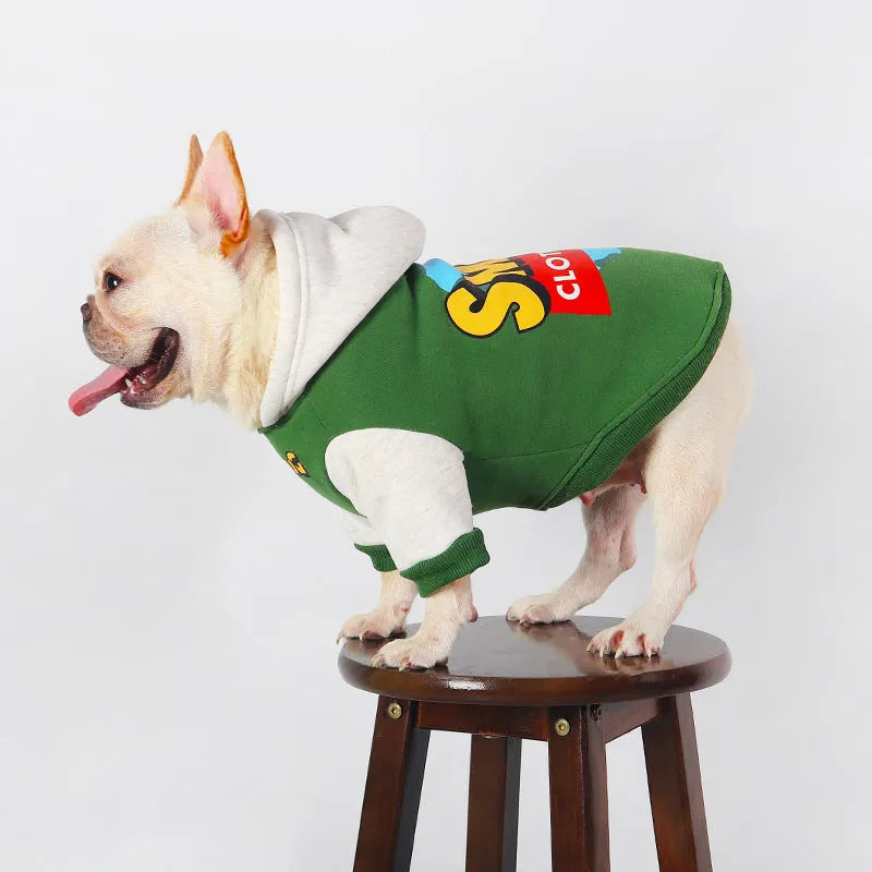 Green cotton dog jumper or coat for larger breeds in sizes L, XL, 2XL, 3XL, and 4XL.
