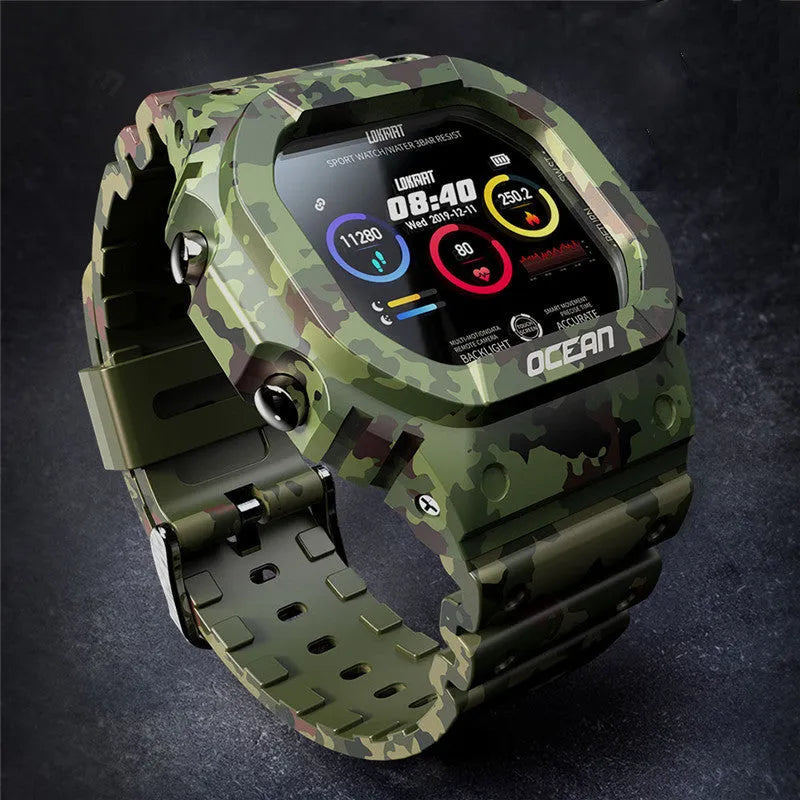 Waterproof smart watch with 240x240 HD glass screen, TPU silicone strap, 66g, Army Green Black or Red