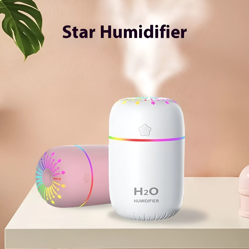 White USB mini humidifier with 300ml water tank on wooden desk next to laptop