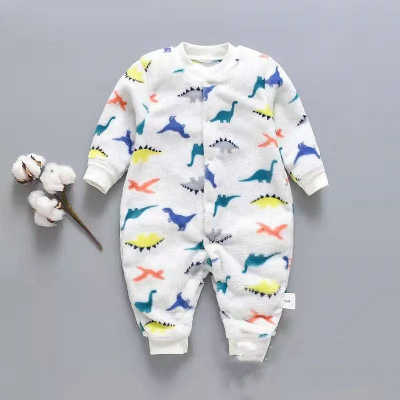 Baby wearing long sleeve flannel romper with animal print design