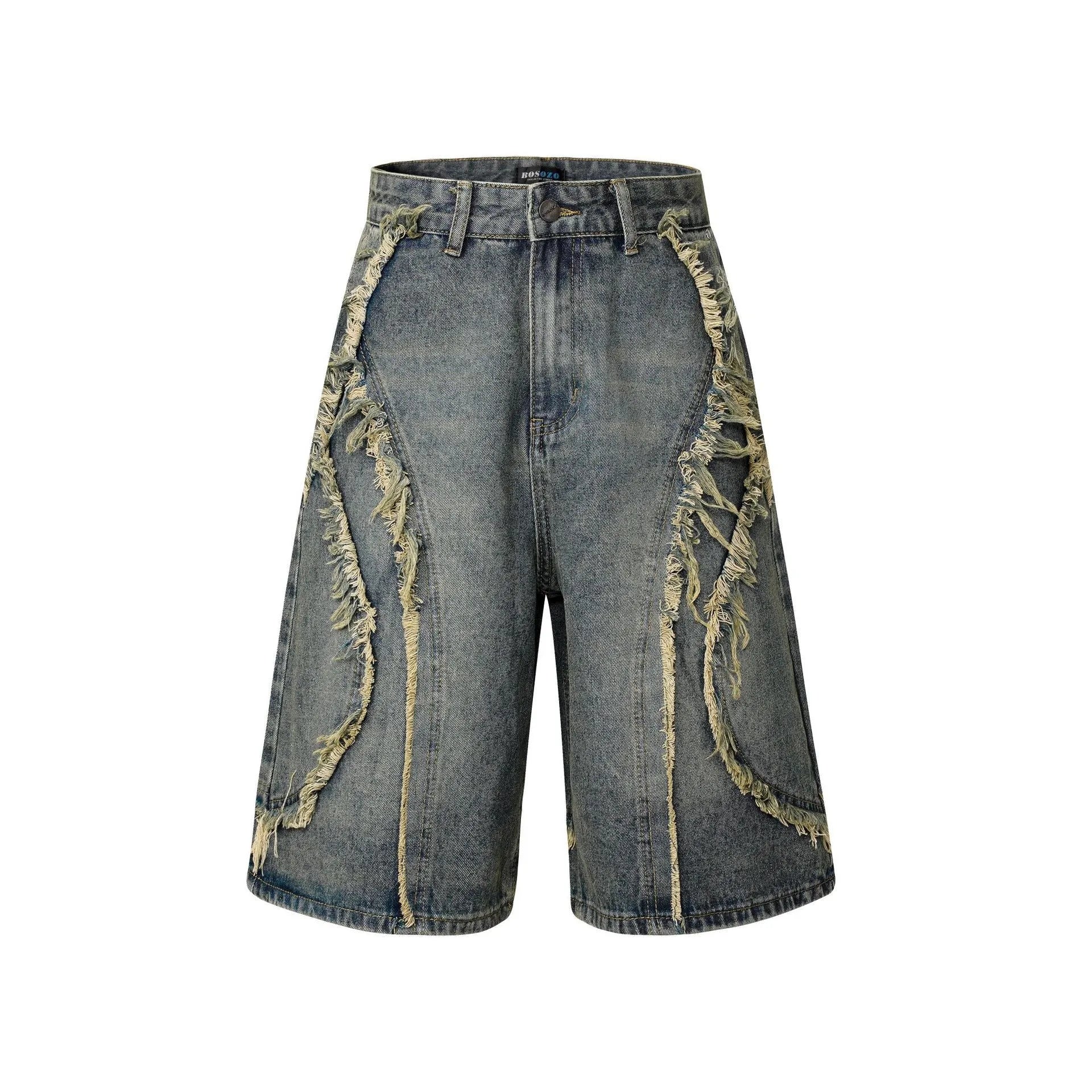 American Pu Shuai distressed raw edge denim shorts in straight leg cropped fit on a grey background.