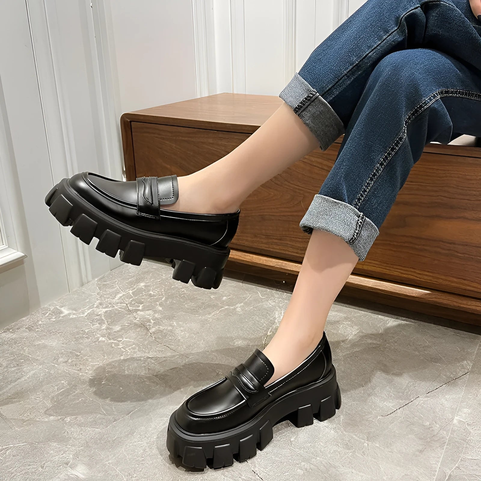 British style wide fit loafers in either matte or patent leather with distinctive muffin heel