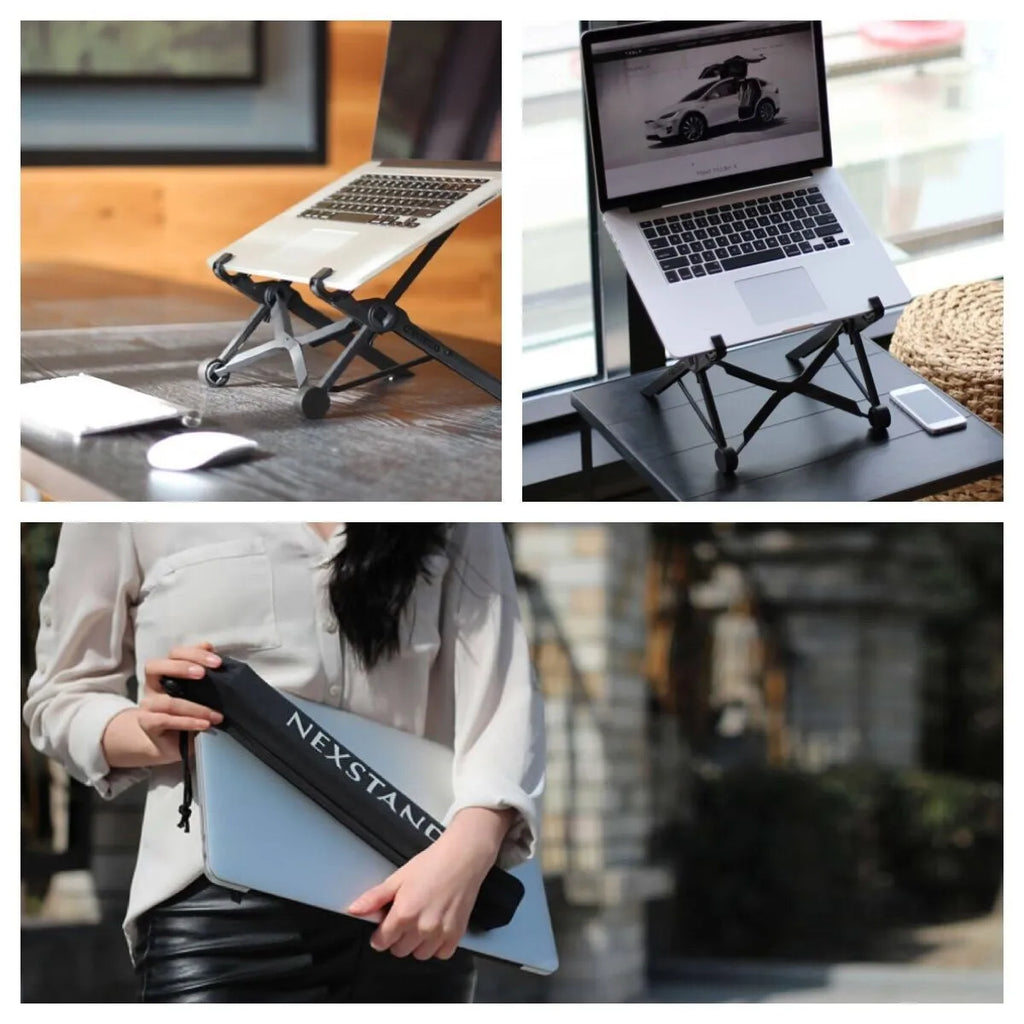 Sagacious black portable folding laptop bracket showing lifting mechanism and folded position