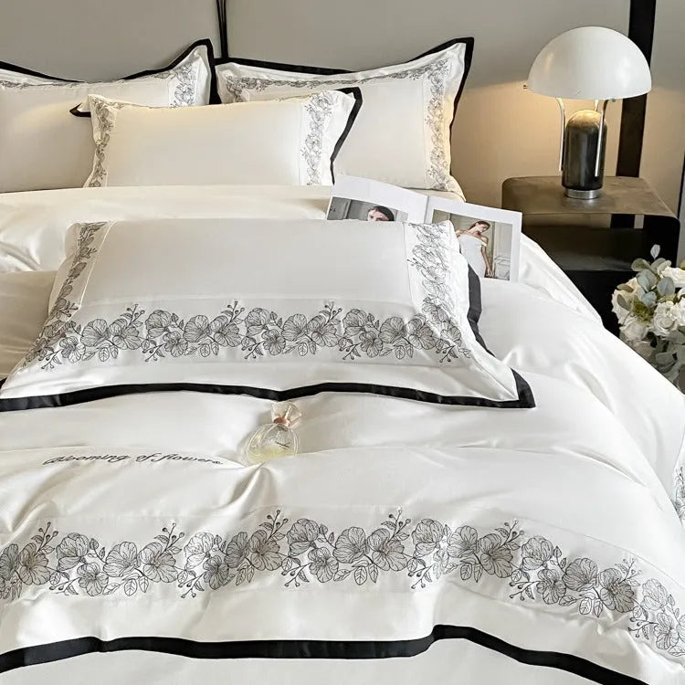 120 thread count long-staple cotton embroidered four-piece bedding set in grey, pink or white for 1.5 m or 1.8 m beds