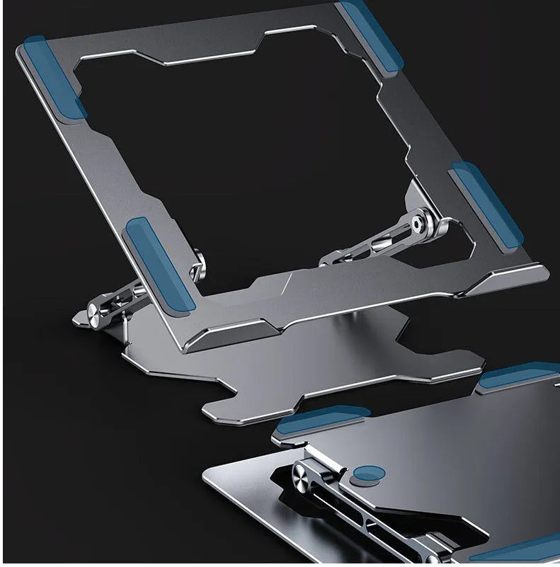 Grey adjustable aluminium laptop stand in open and folded positions on a wooden desk.