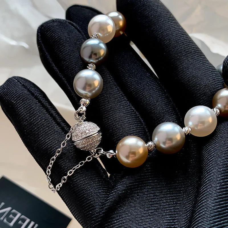 Silver gray magnetic buckle bracelet for women, electroplated finish, geometric shape, copper and plastic materials, RF1034 Silver colour