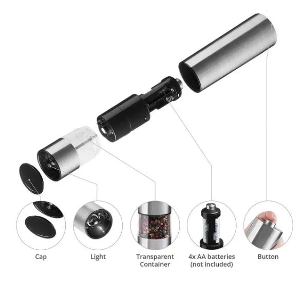 Stainless steel electric pepper grinder on a kitchen countertop.