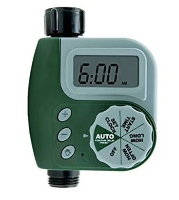 Green programmable digital garden hose faucet timer with large display and copper connector