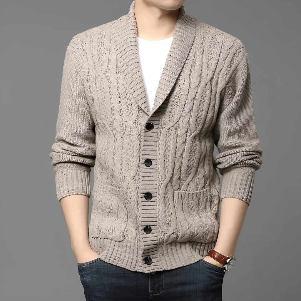 Man wearing a black Korean-style jacquard patterned knitted cardigan jacket