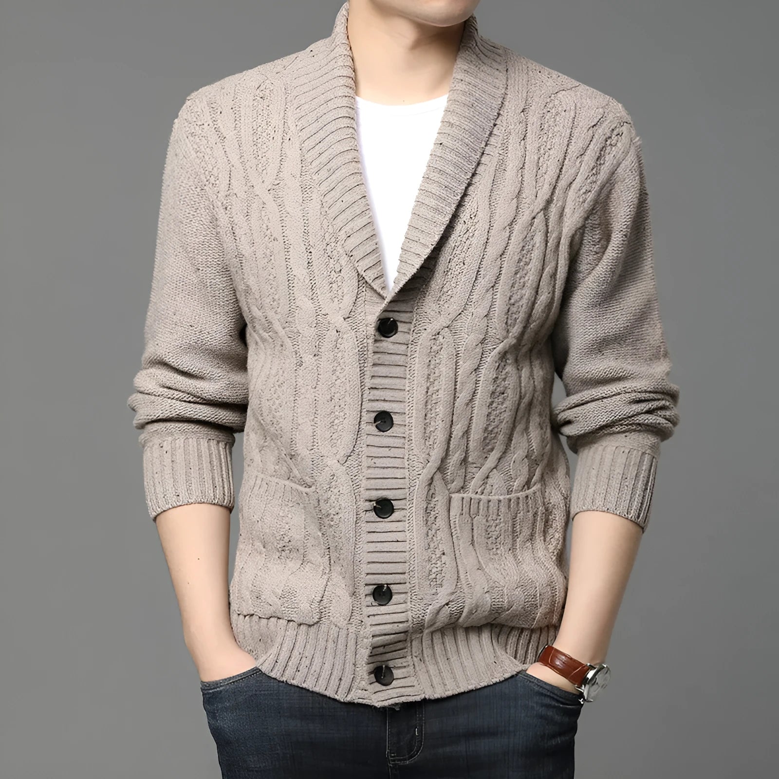 Man wearing a black Korean-style jacquard patterned knitted cardigan jacket