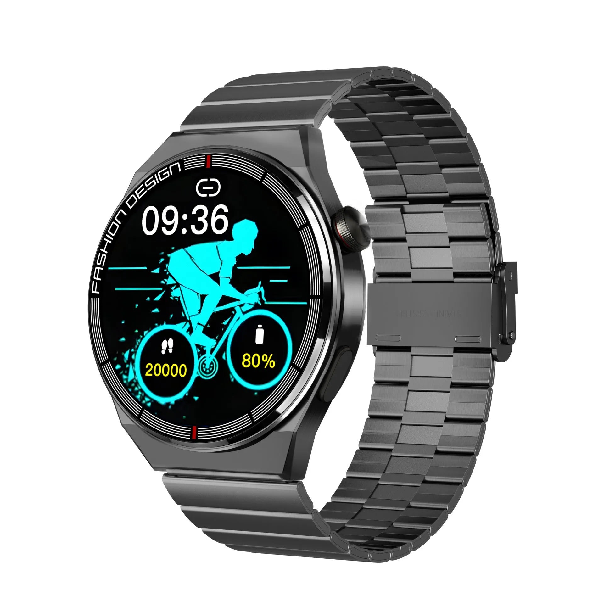Black Bluetooth smartwatch with 1.28 inch screen on a silicone strap, showing heart rate display