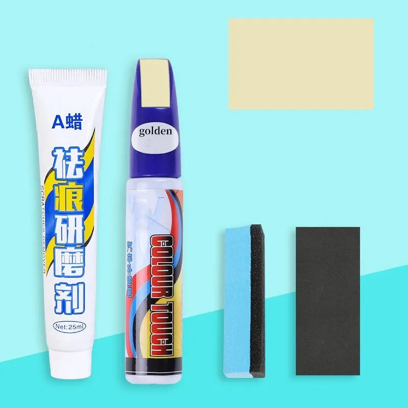 Automotive paint repair pen kit with scratch removal fluid and touch-up paint in universal colours