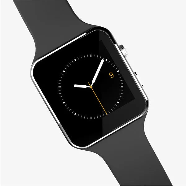 Black smart watch with 1.54 inch touch screen on a silicone strap, showing digital watch face.