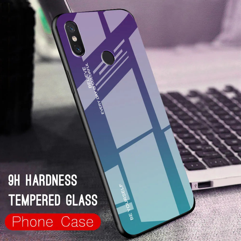 Gradient colour phone case with tempered glass back for Redmi smartphones showing colour transition