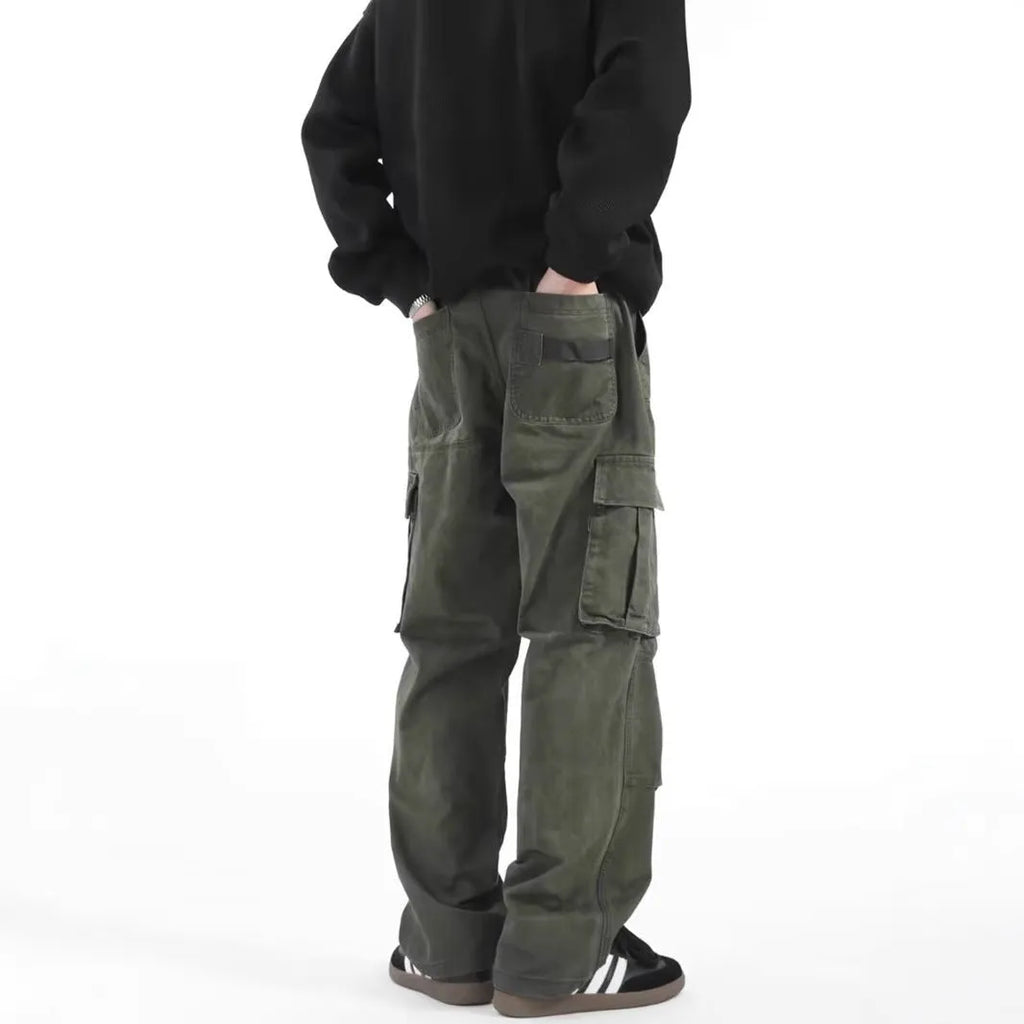 Men's multi-pocket cargo pants in army green or grey, cotton workwear trousers with drawstring waist, sizes M to 3XL