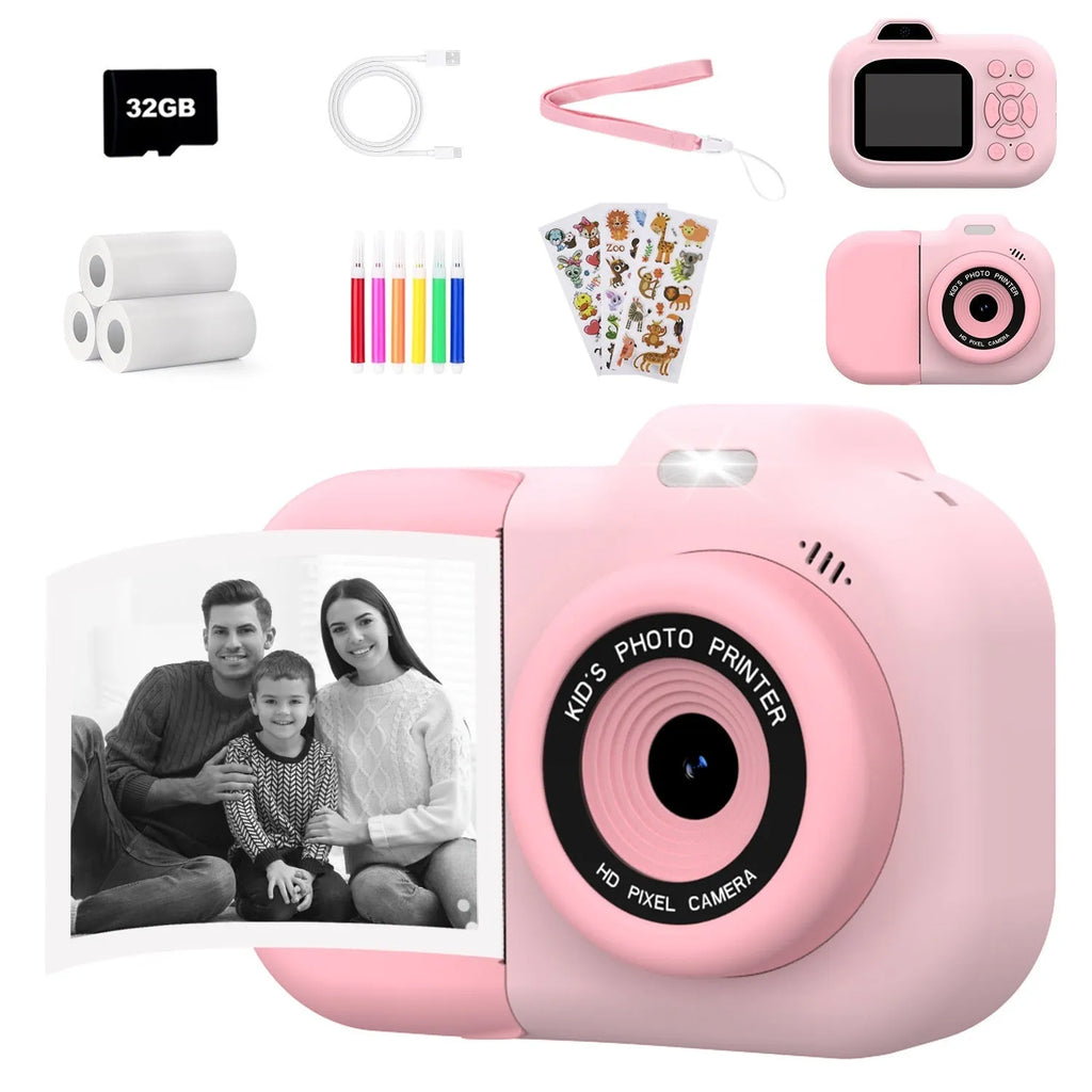 Children's toy camera for video and photos in blue, pink, or purple plastic with games and sticker functions.