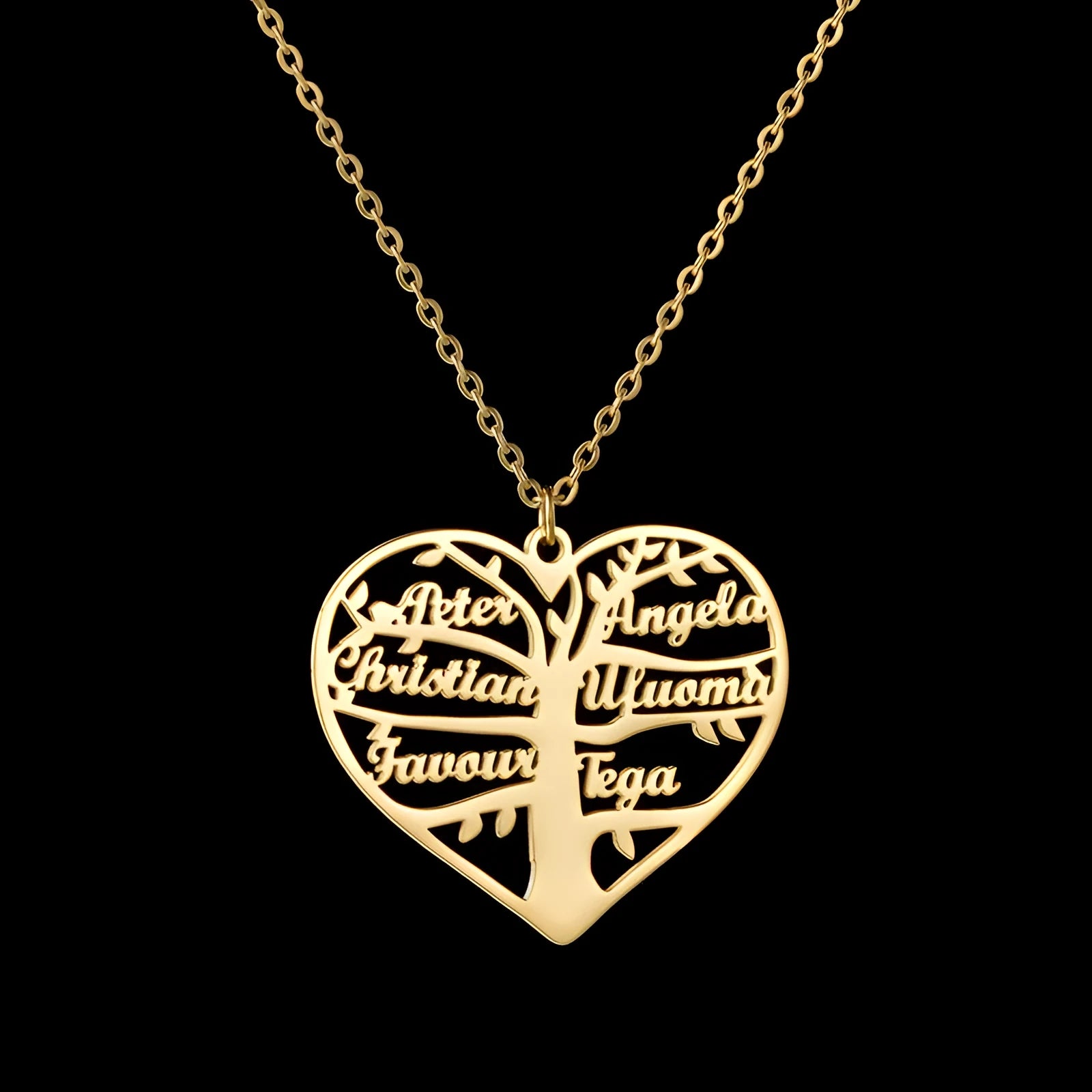Custom engraved name necklace with hollow heart family tree pendant in stainless steel.