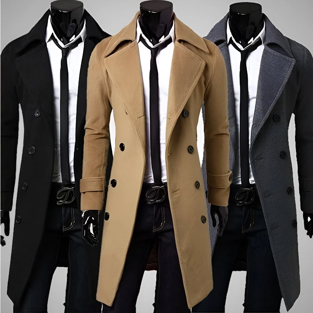 Men's trench coat double breasted lapel collar long coat in Black on mannequin