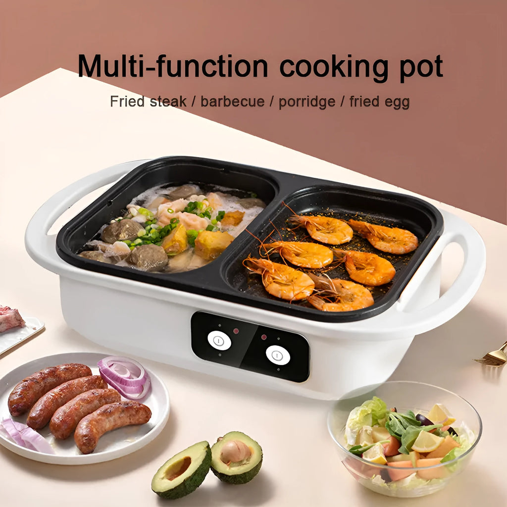 White or green electric hot pot with frying oven function, 1300W power, 390mm length