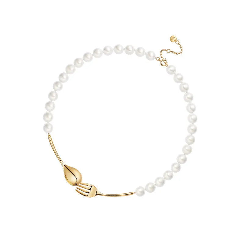 Vintage golden pearl necklace with 925 silver chain and shell beads, adjustable 370mm length plus 20mm extensions