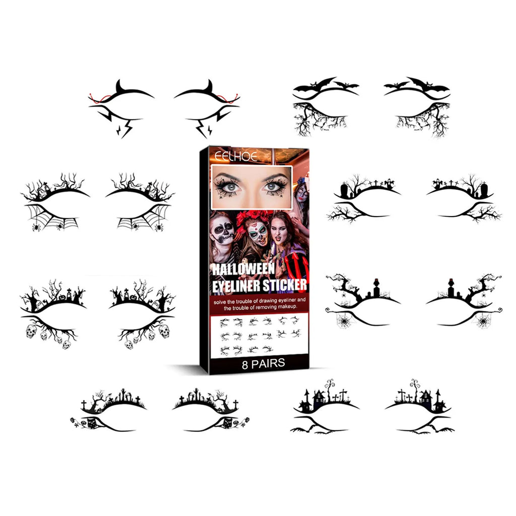 Bat and spider motif eyeliner stickers set with 8 pairs for decorative eye makeup