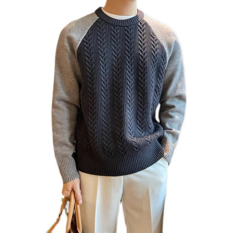 Thickened colour-blocked cable knit round neck pullover for men in apricot and blue