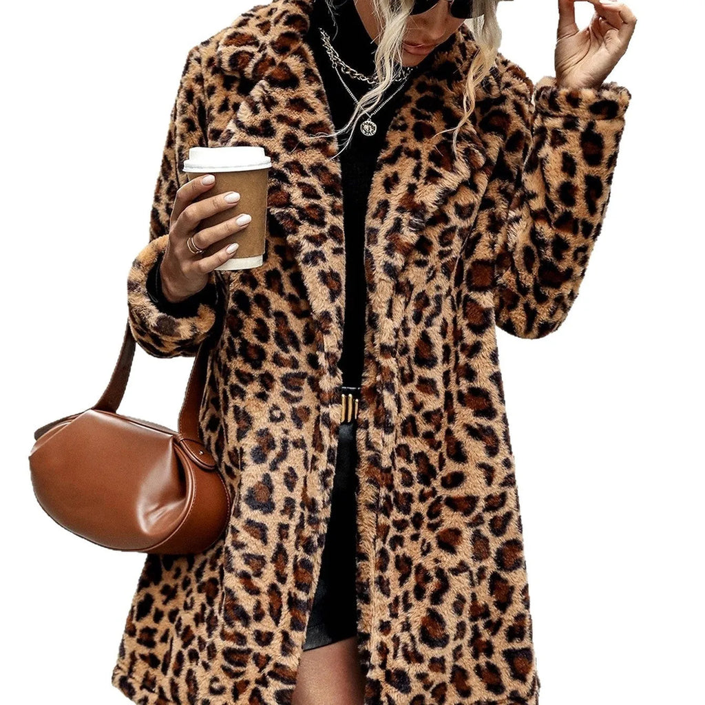 Leopard print long sleeve furry coat top for women, animal pattern jacket, conventional sleeves, size S-2XL